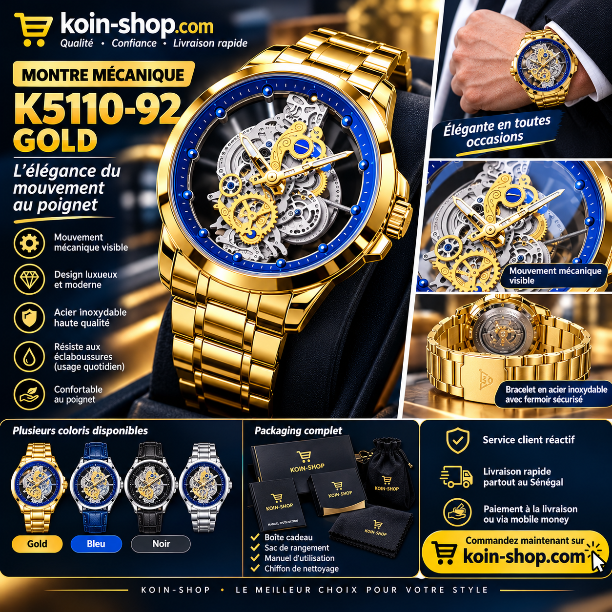 Montre Mécanique Homme K5110-92 Gold – Cadran Squelette de Luxe
