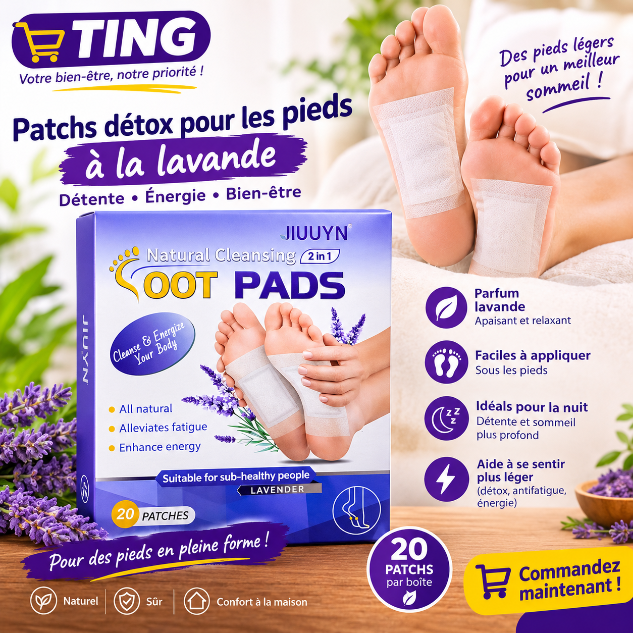 Patchs pour les pieds à la lavande JIUUYN – 20 pièces